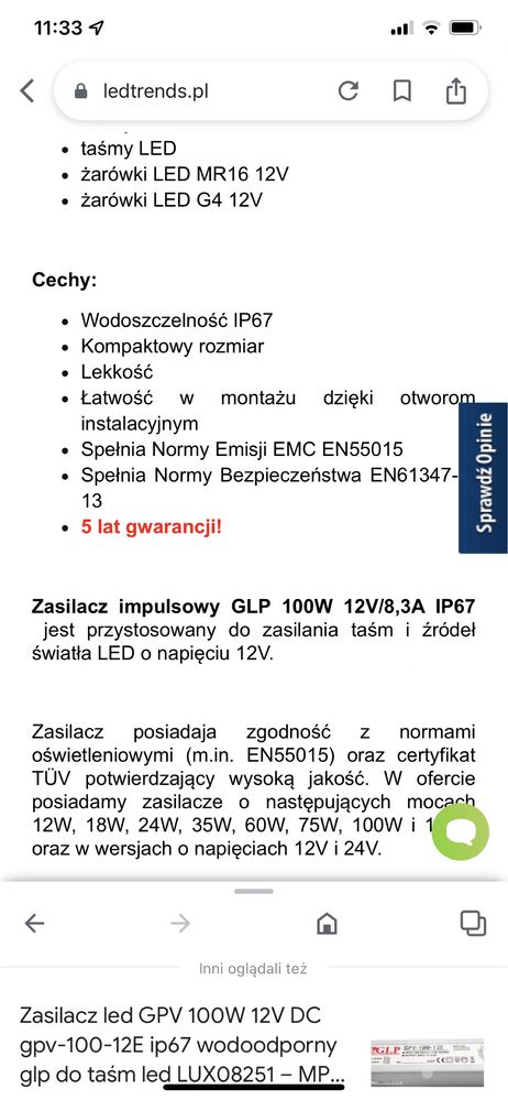 ZASILACZ Led GLP 100W 12V/8,3A IP67 używany