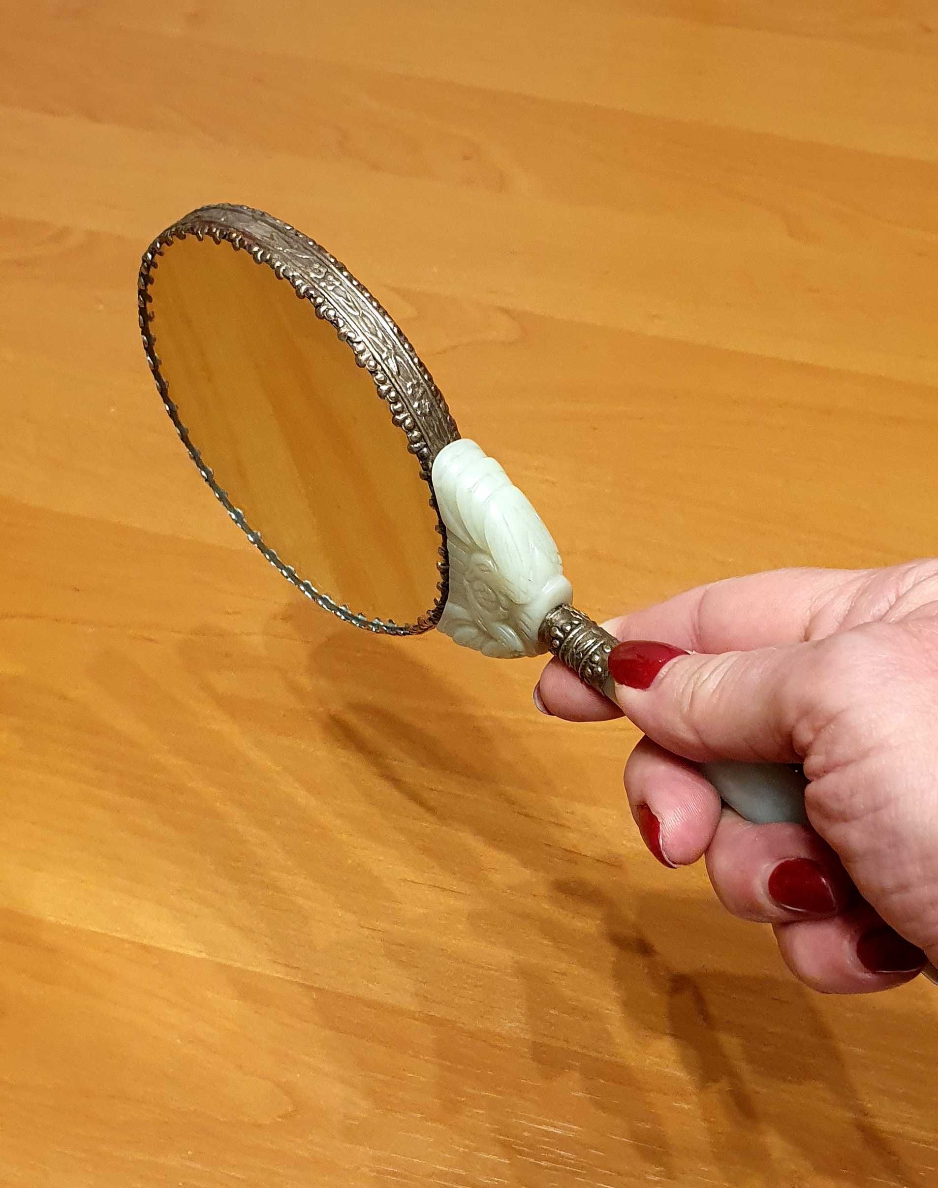 Oryginalne, stare chińskie lustro. Jadeit i porcelana. Hand made.