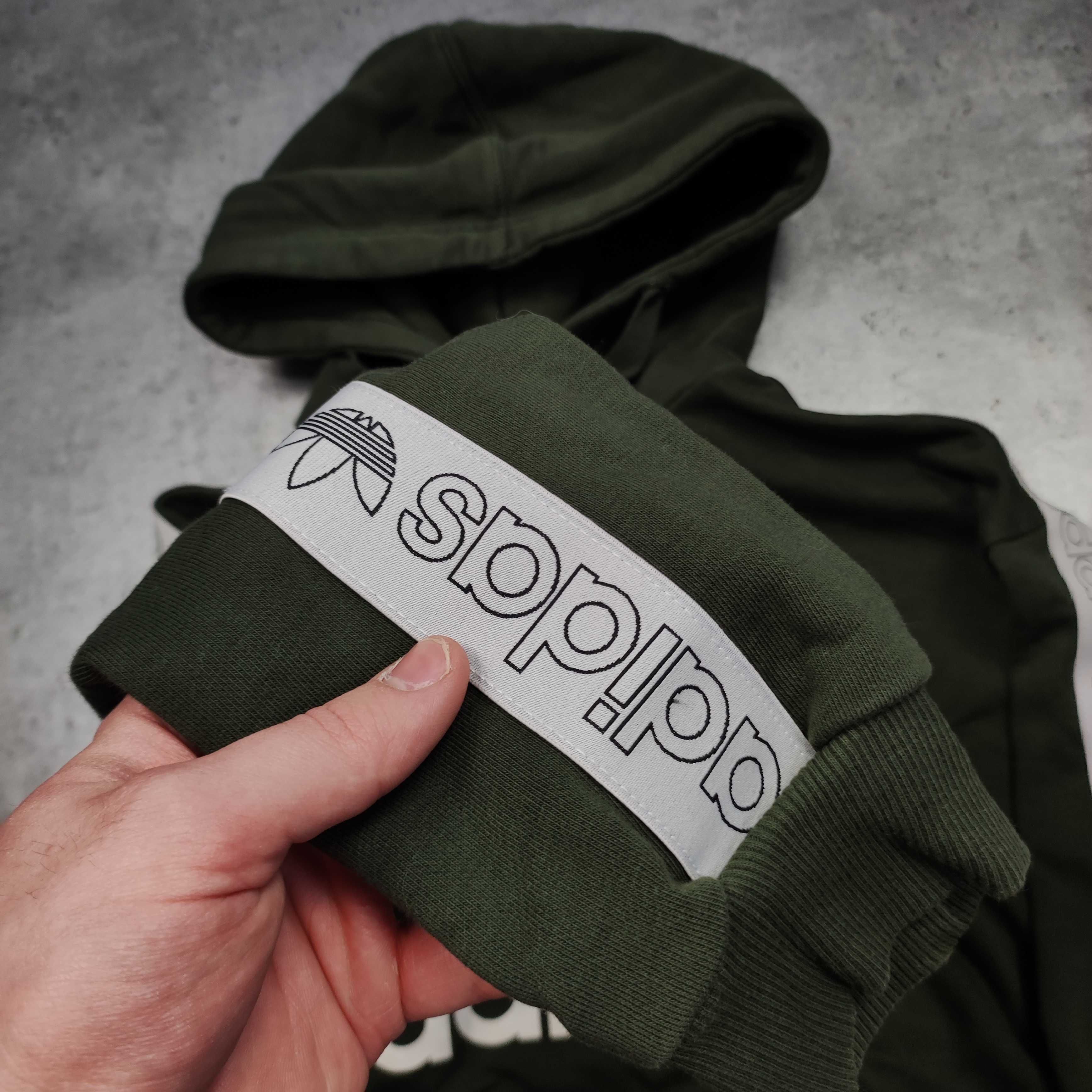 DAMSKA Bluza z Kapturem Hoodie Adidas Lampas Duże Logo Nadruk Khaki