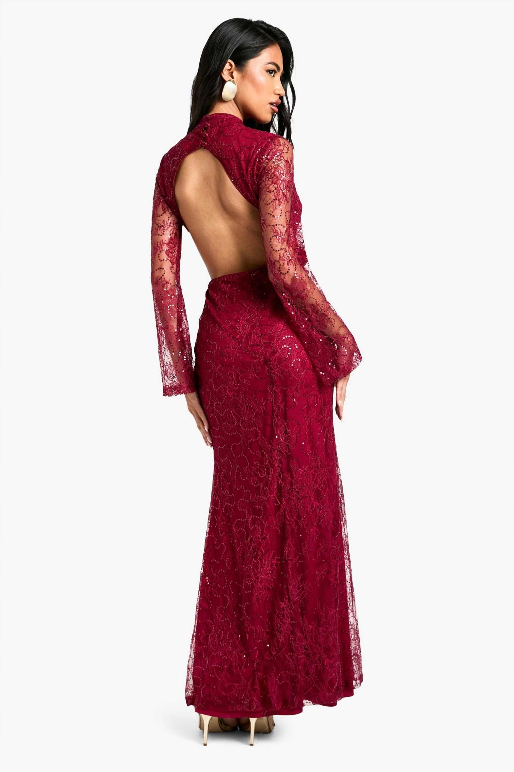 Boohoo -Czerwona Sukienka Maxi z Koronkowym Wykończeniem  XL