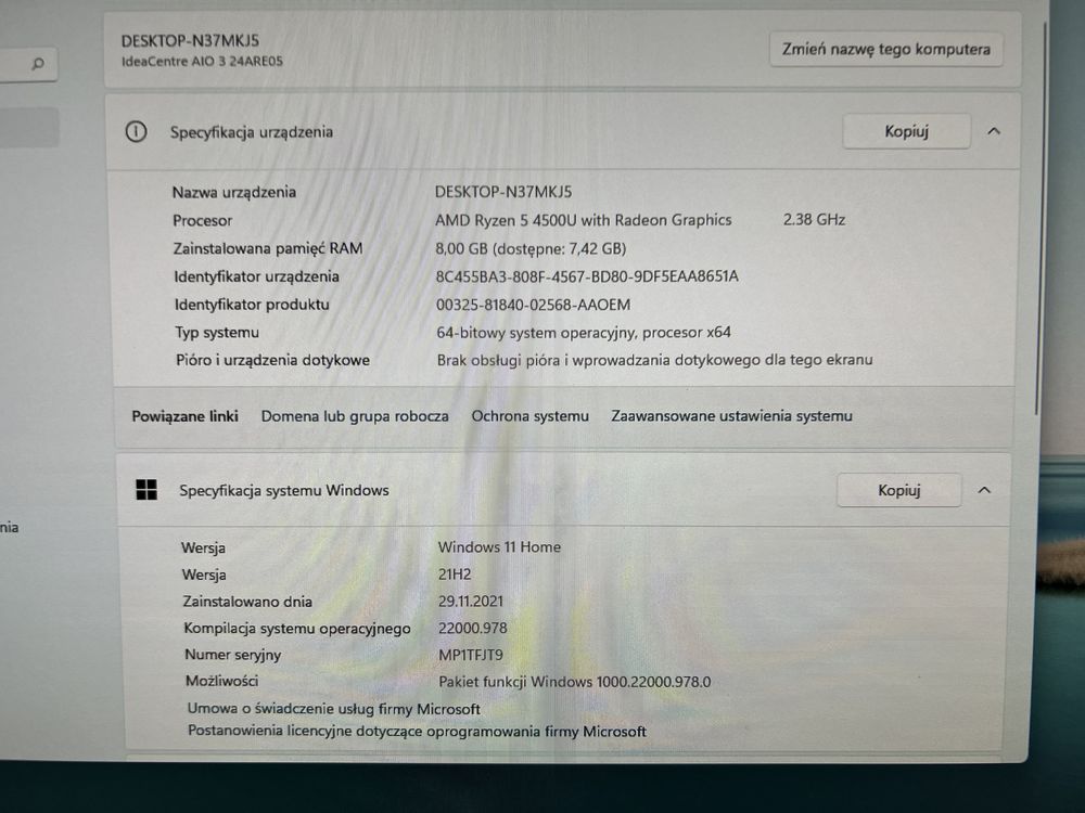 Lenovo komputer AIO R5-4500U/8GB/256SSD/WIN10