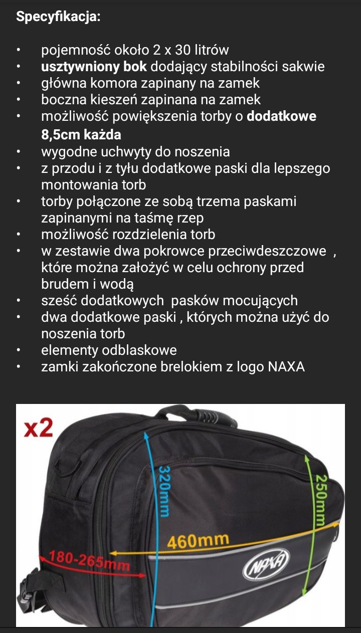 Sakwy torby boczne MOTOCYKLOWE NAXA 2X30L