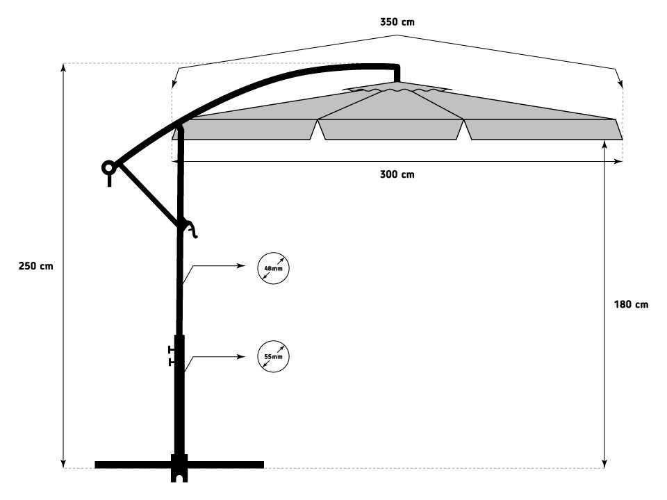 Parasol Ogrodowy Duży Składany Wysięgnik 350cm Szary Falbany Tarasowy