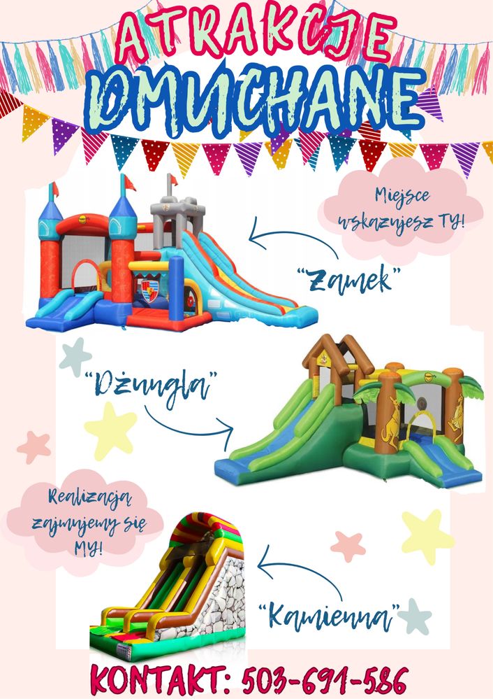 Zamek dmuchany, zjeżdżalnia, trampolina, dmuchaniec, atrakcja, wynajem