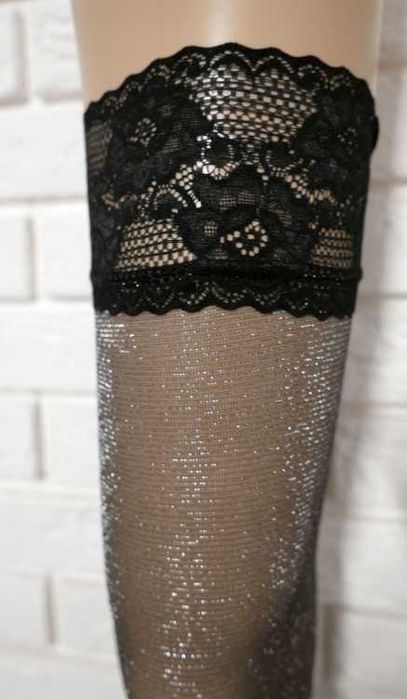 Ekskluzywne błyszczące pończochy samonośne z lurexem FIORE czarne r. 4