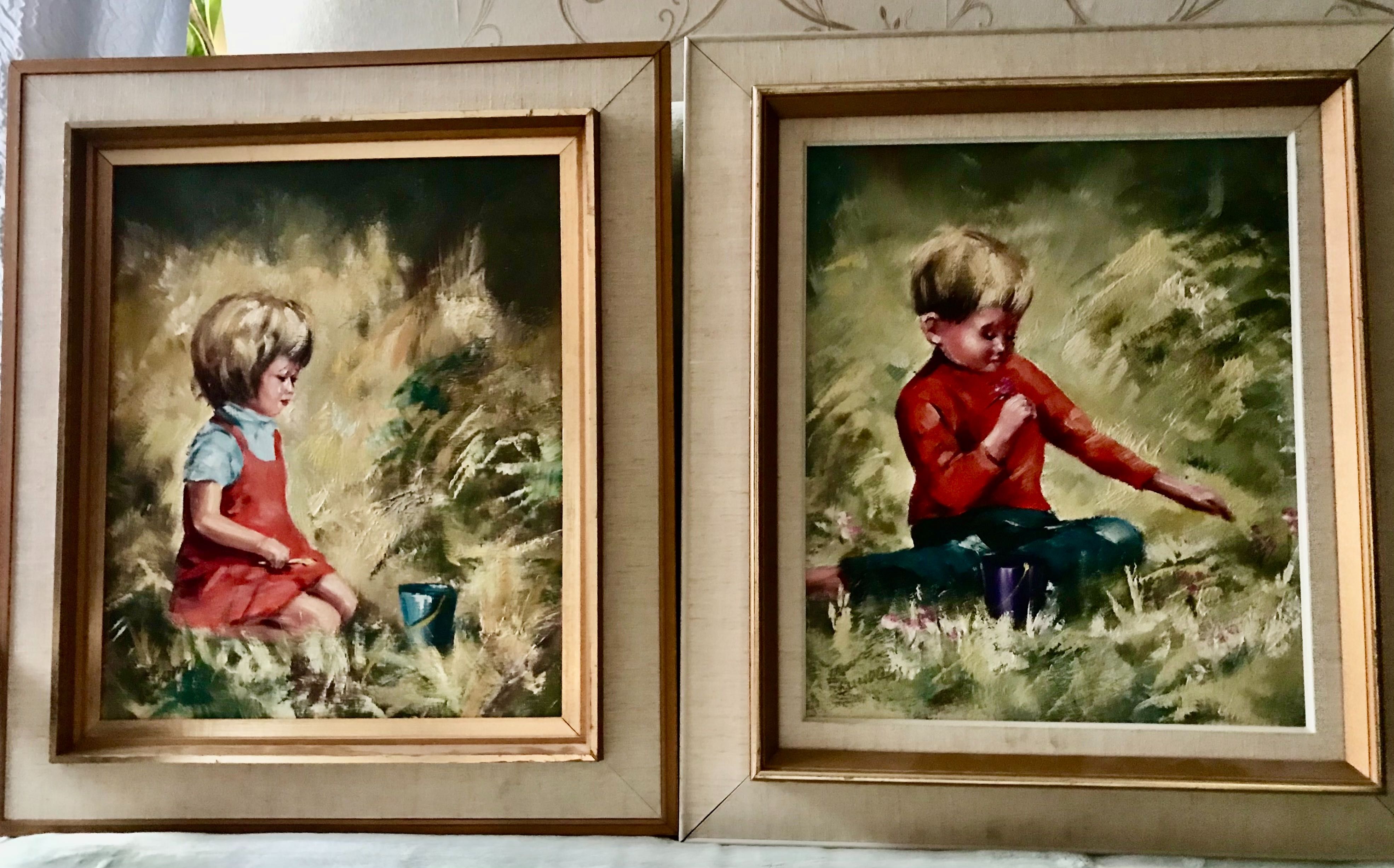 Obrazy duże olejne na płótnie: portret dziewczynki i chłopca, 2 obrazy