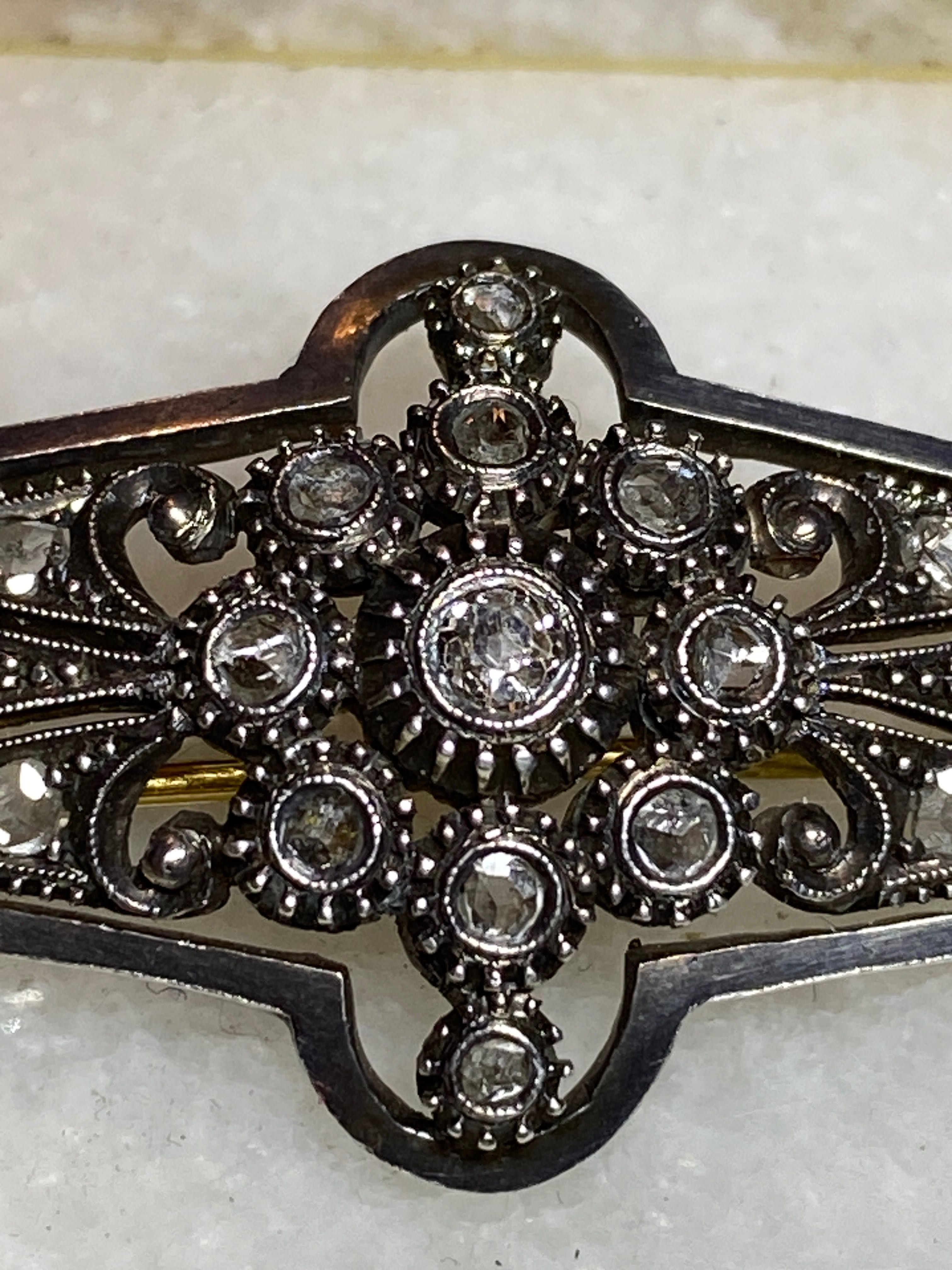 Alfinete Ouro Prata Diamantes Contrastado séc XIX 4 cm