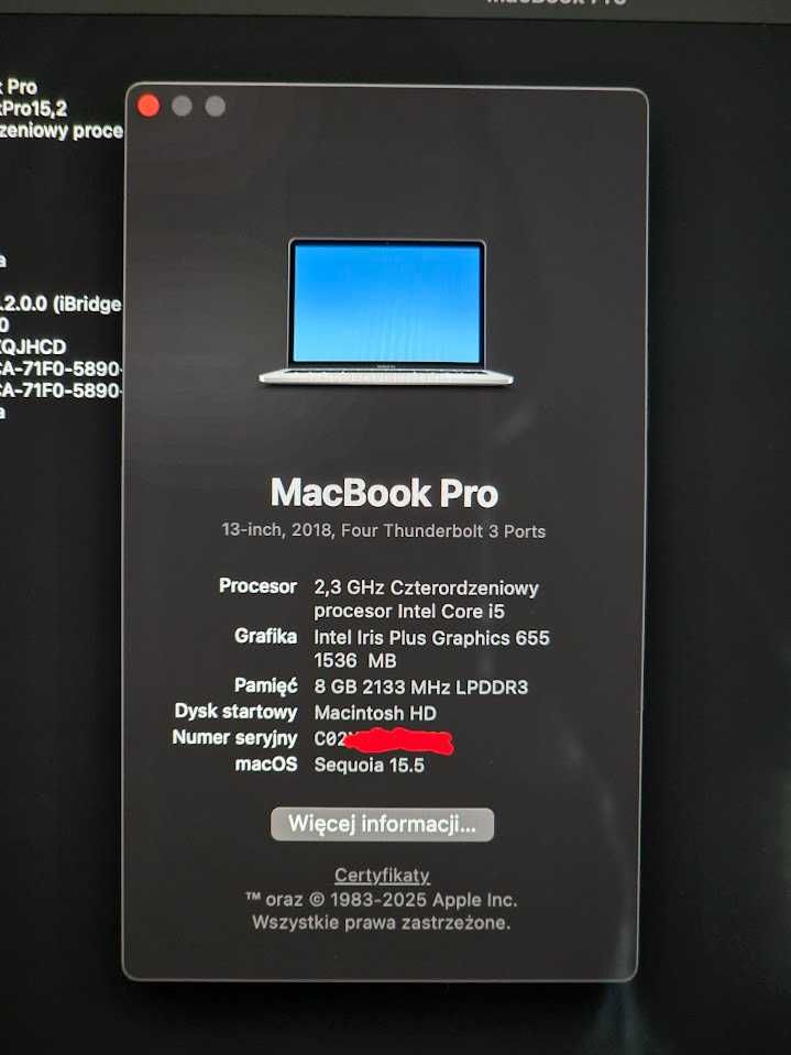 MacBook Pro (A1989, i5 4 rdzenie, 8/256, Touch Bar) - ideał, 69 cykli