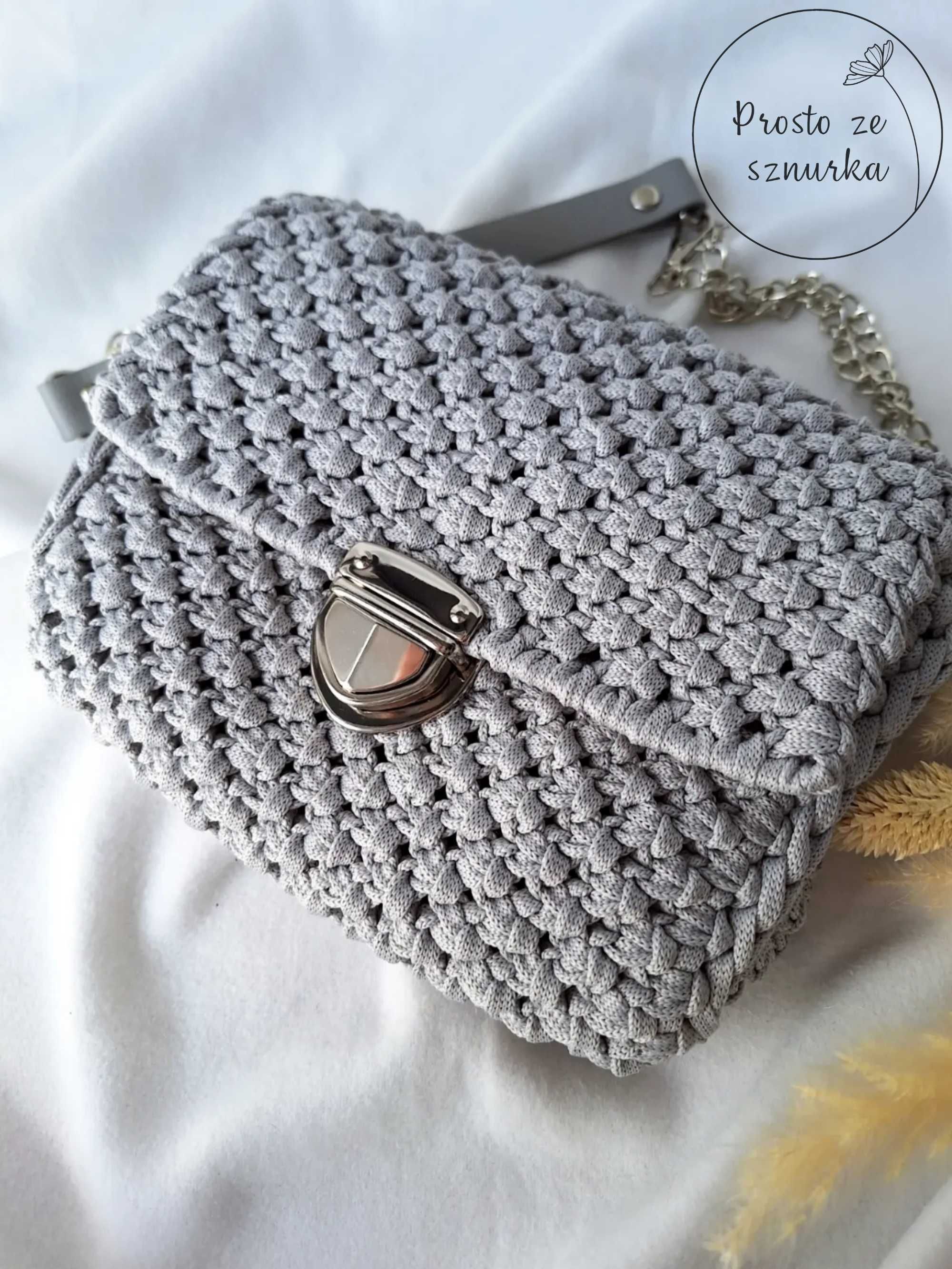 Torebka ze sznurka na łańcuszku ze skórą naturalną makrama handmade