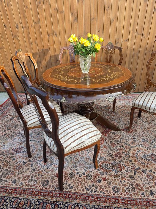 Stół okrągły intarsjowany okuwany mosiądzem + 6 krzeseł #2118 Stylowy