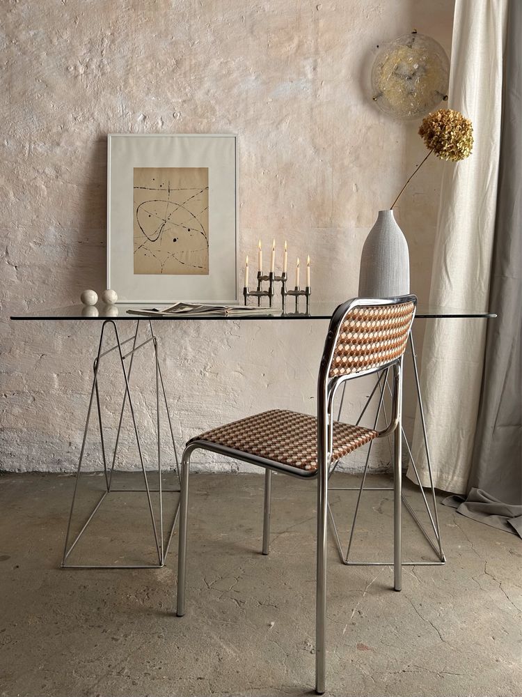 Szklany stół, biurko ze szklanym blatem, vintage na chromowanych nogac