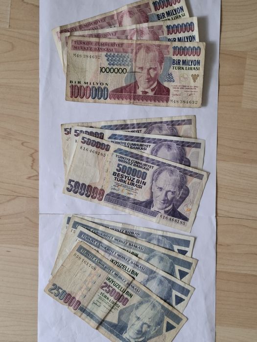 Zestaw 10 x banknot liry tureckie 1970, 1.000.000, 500.000, 250.000