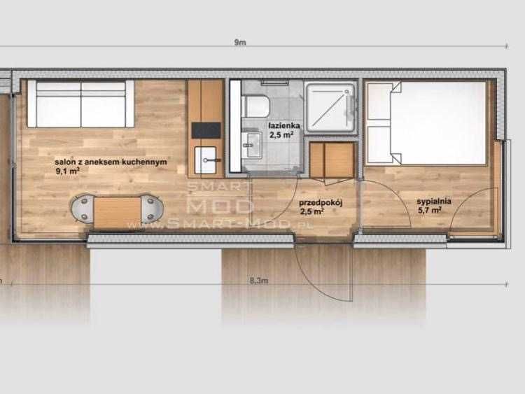 Domek modułowy całoroczny 25 m2 z zadaszonym tarasem