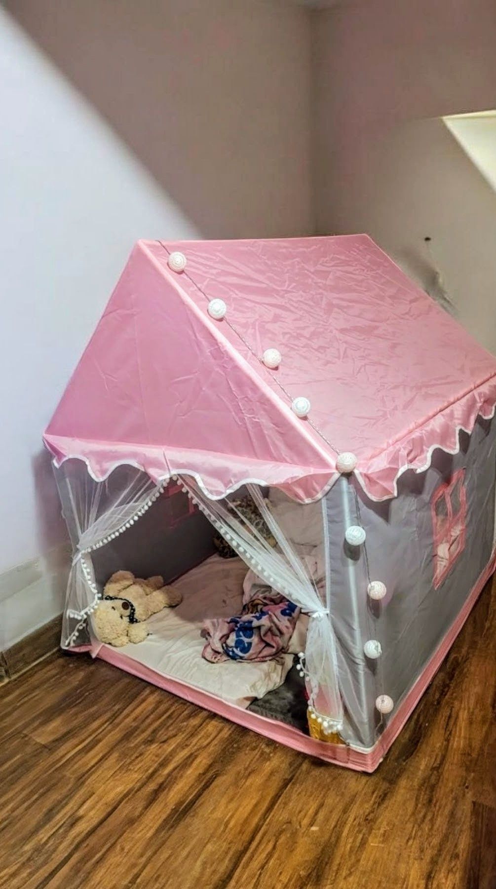 ZESTAW Namiot Domek dla Dzieci Zamek do Pokoju i Ogrodu + Lampki LED