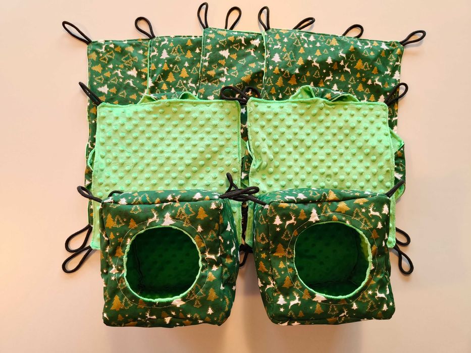 Świąteczne hamaki i domki dla szczurków gryzoni, złote choinki z minki