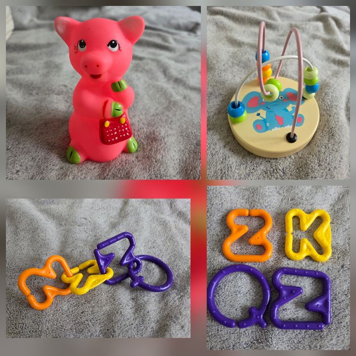 Zestaw 3 zabawek dla niemowlaka: piszczek, gryzak literki, sorter mał