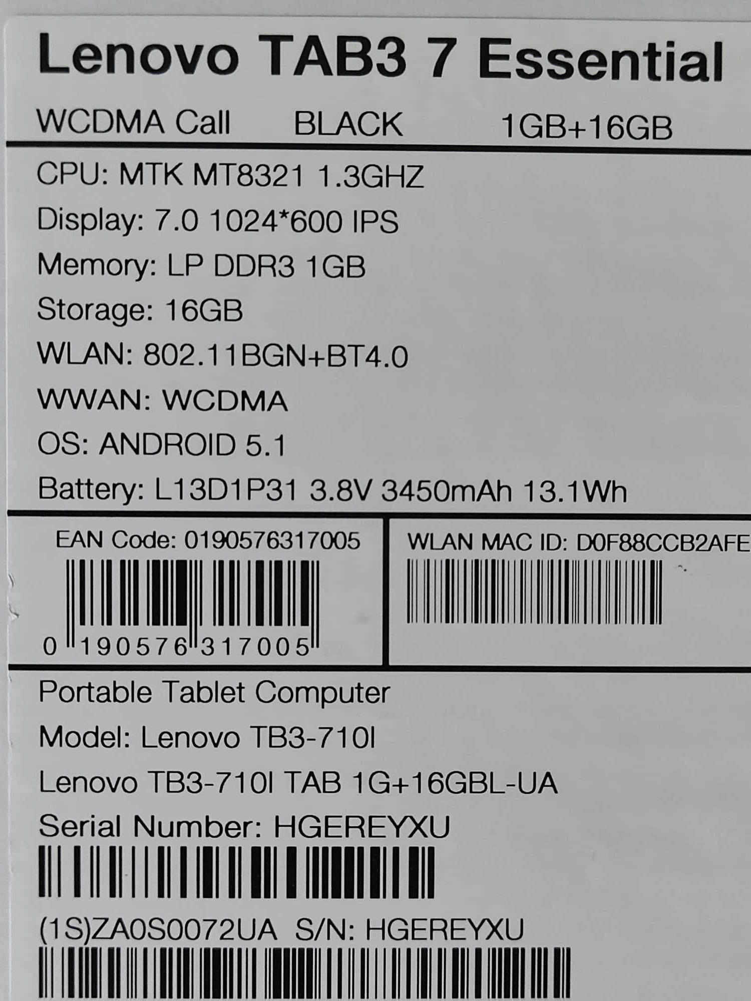 Планшет- телефон Lenovo Tab3 7 Essential TB3-710i