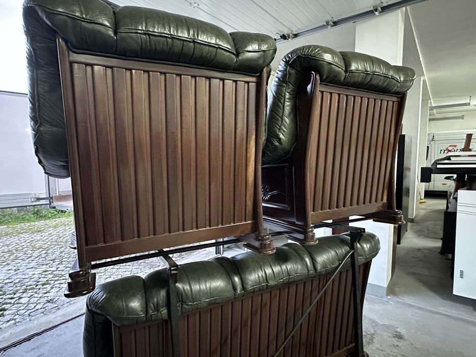 Conjunto 3 sofas madeira maçiça e pele natural