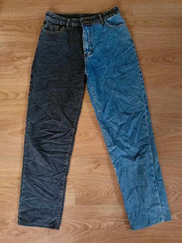 spodnie na wysokim stanie jeansy dwukulorowe czarno niebieskie vintage