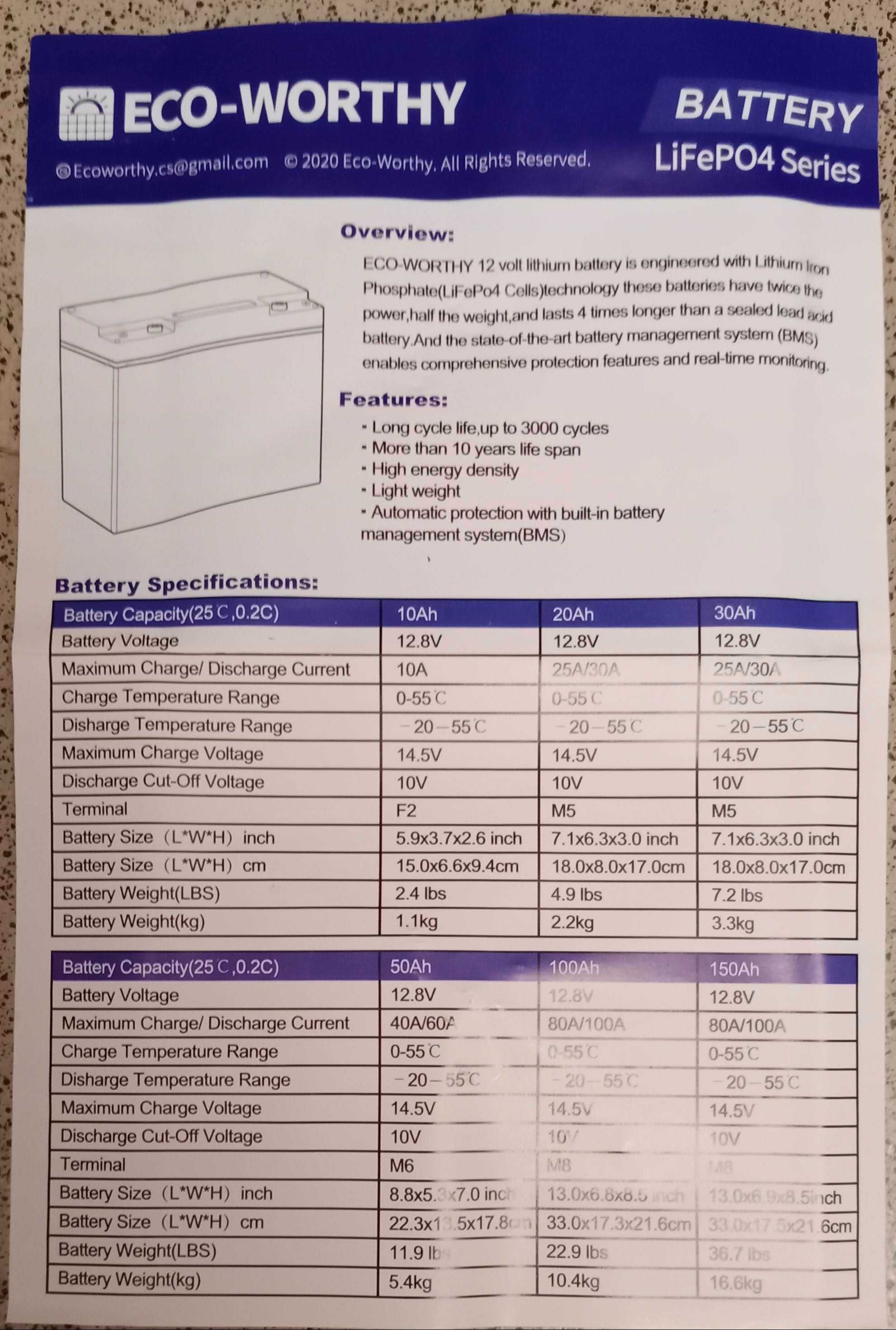 Eco-Worthy Аккумулятор LiFePO4 20Ah 12.8V BMS