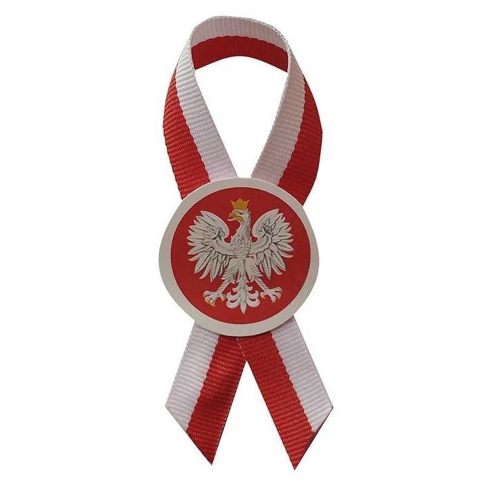 Kotylion wstążka biało-czerwony z godłem Polska