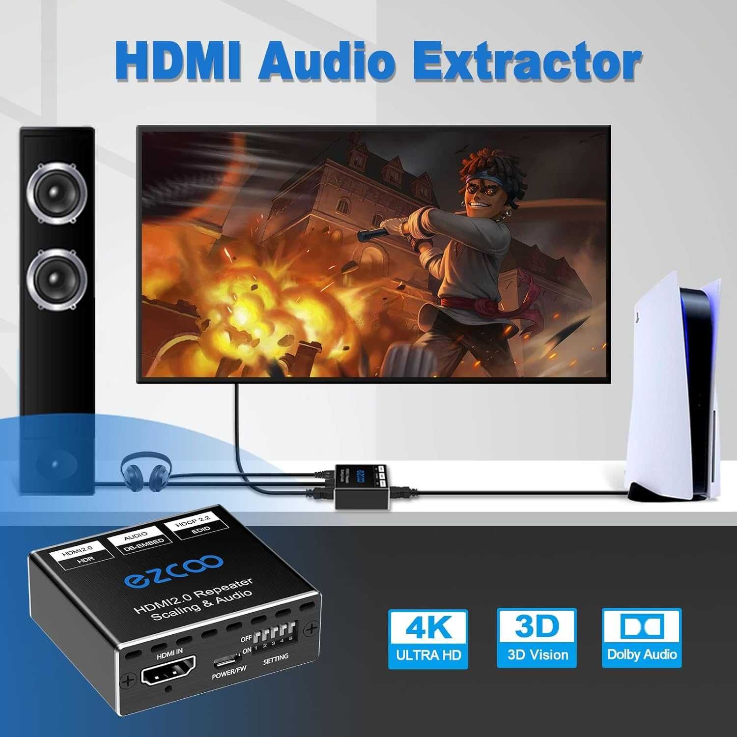 HDMI 2.0 Audio Extractor 4K 60Hz PS5 1080P 120Hz 4:4:4 HDCP