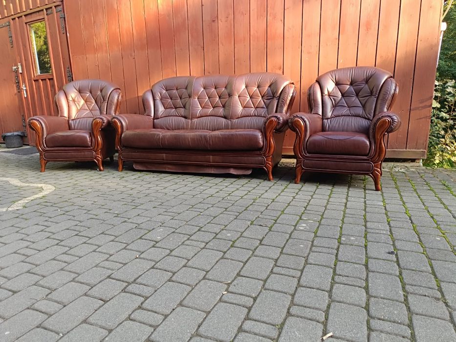 Komplet skórzany 3+1+1, sofa i fotele, styl Ludwikowski, skóra natural