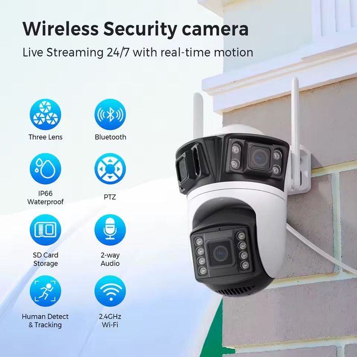 Уличная Wi-Fi IP камера 12МП, три объектива, ICSEE, ночное видение