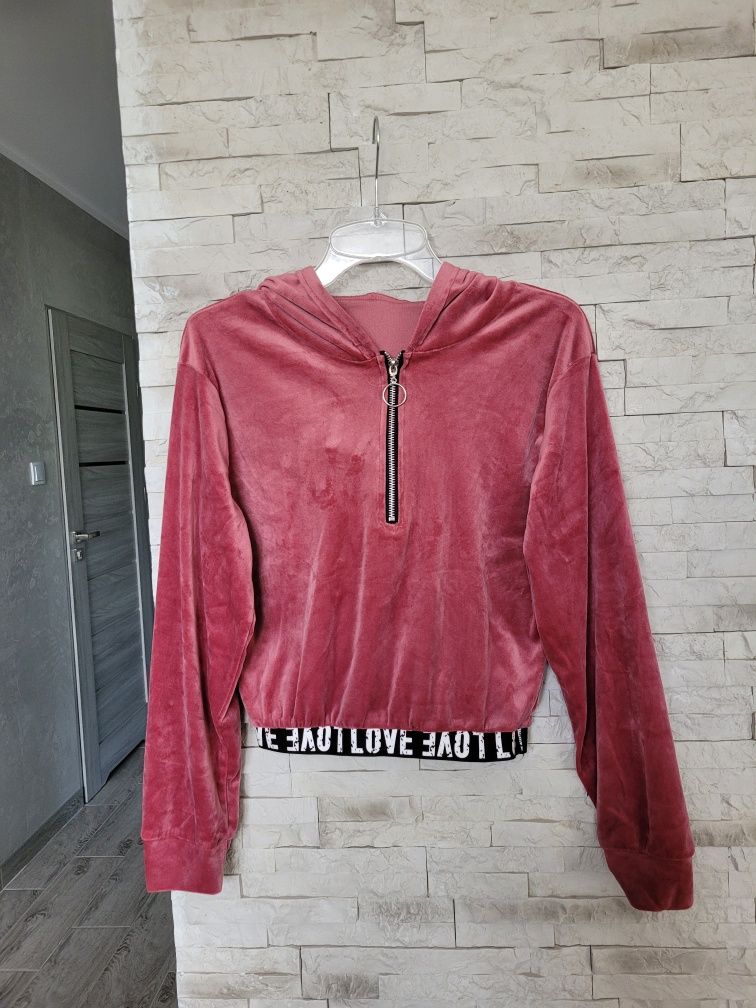 Nowy welurowy różowy dres bluza z kapturem+spodnie rurki wysoki stan L