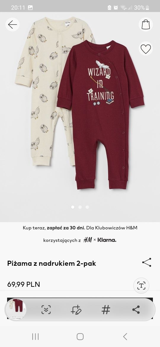 2 pizamki pajacyk h&m 104 harry potter