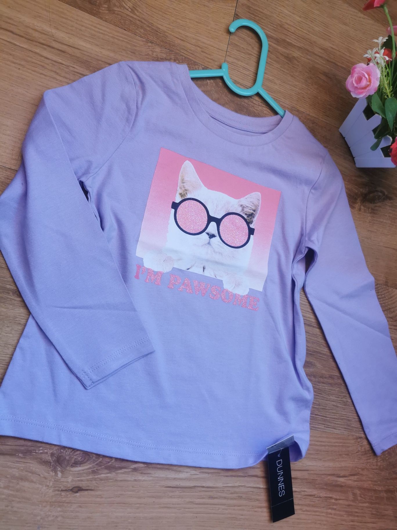 Nowa z metką liliowa bluzka Dunnes Stores z kotem okulary r. 116