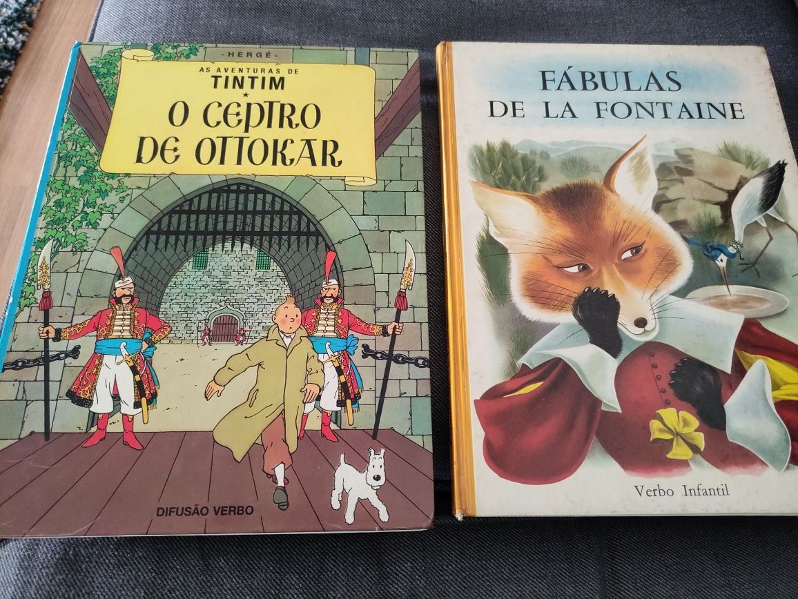 2 livros antigos TinTim e Fábulas de La Fontaine