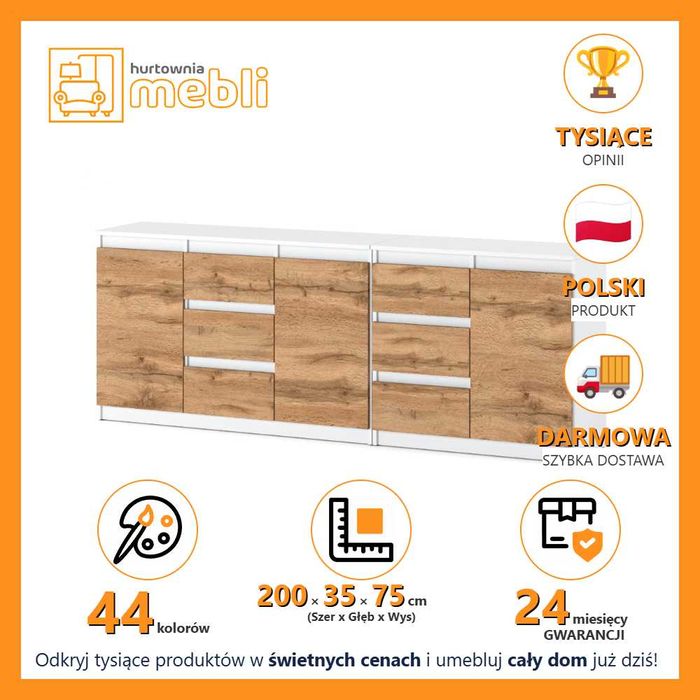 Komoda Nowoczesna Best Agnes 200cm Szafka 6 Szuflad Do Salonu Sypialni