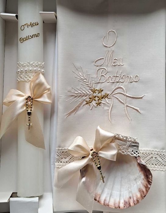 conjunto para batismo / batizado: vela, concha, toalha