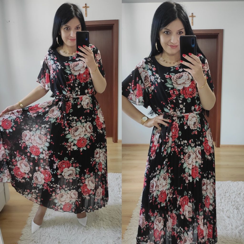 Sukienki długie maxi w kwiaty plisowany dół wesele impreza chrzciny