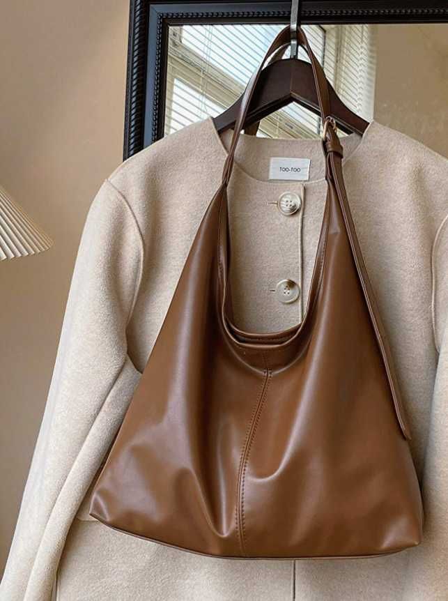 Brązowa skórzana torebka na ramię hobo elegancka pojemna + GRATIS