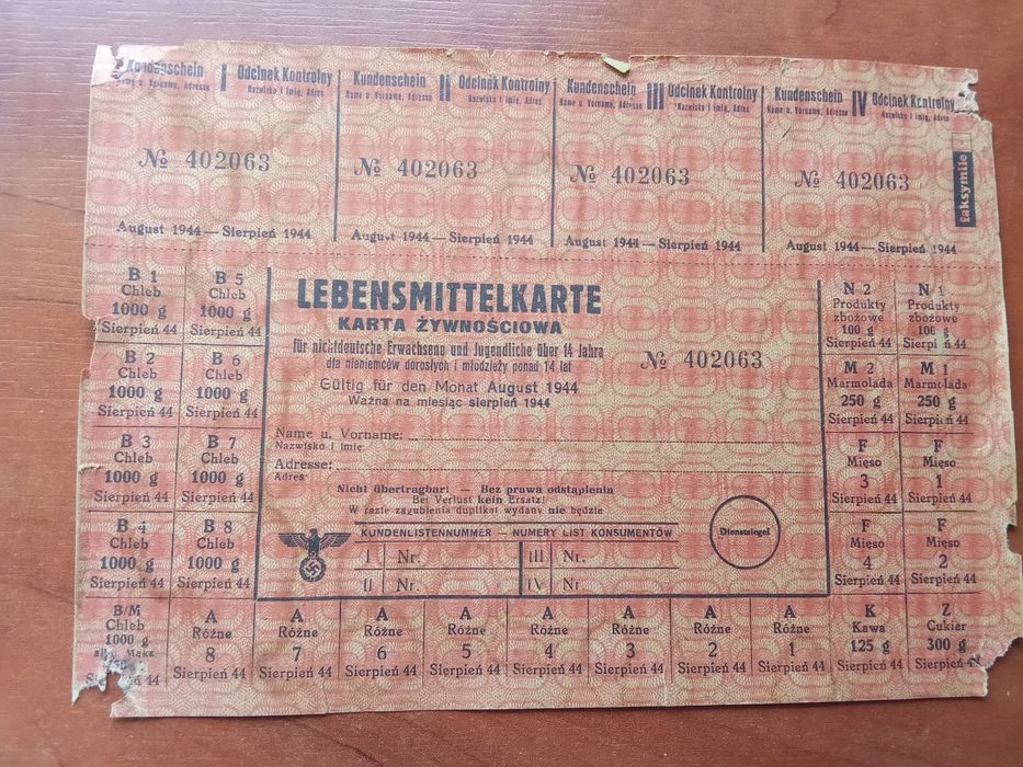 Karta żywnosciowa sierpień 1944 r.