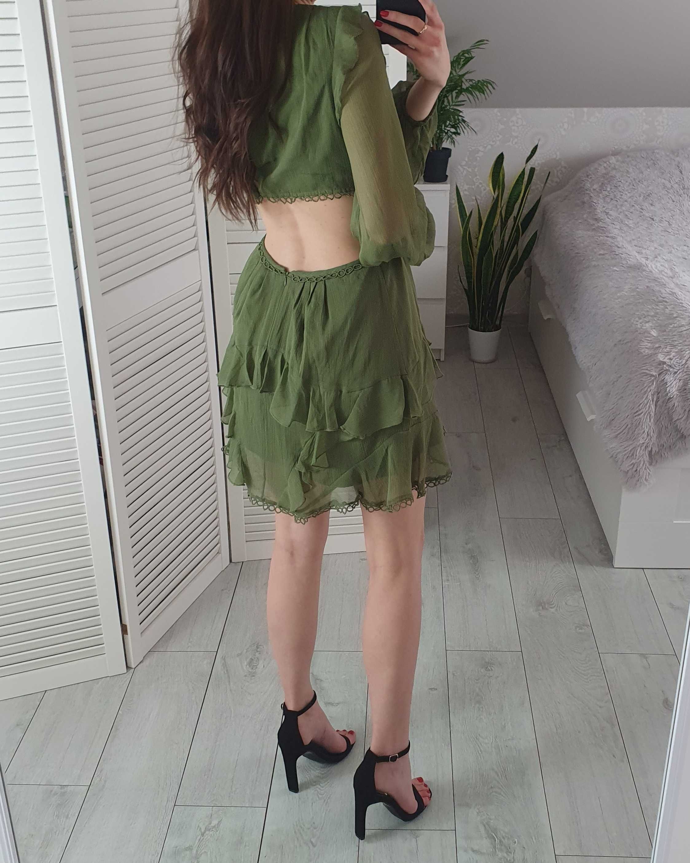 Asos szyfonowa khaki krótka sukienka wycięciem na plecach dekoltem 34