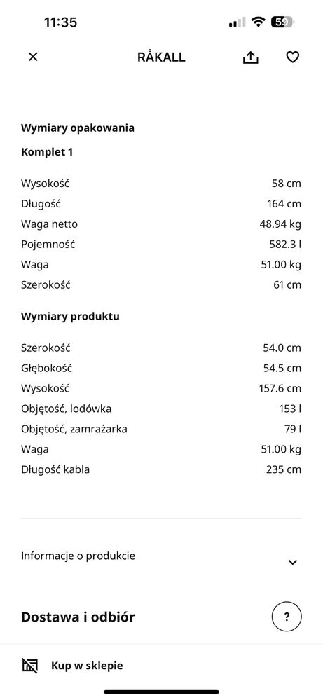 IKEA lodowka zamrazarka do zabudowy RAKALL 153/79 |
