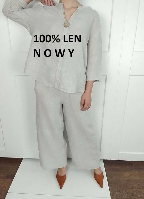 Nowy lniany komplet szerokie spodnie koszula 100% len S M L uniwersaln