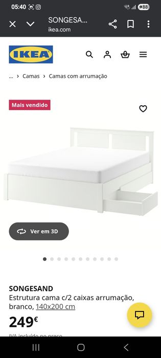Cama de casal 2m por 1.40m com colchão.