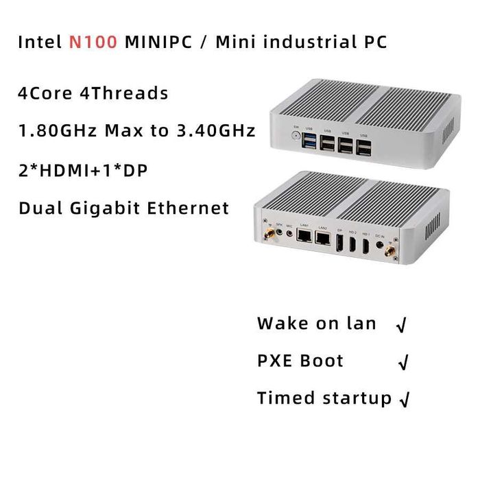 Компактний безшумний міні-ПК Intel N100, 2×HDMI, DP, 2×LAN, Barebone