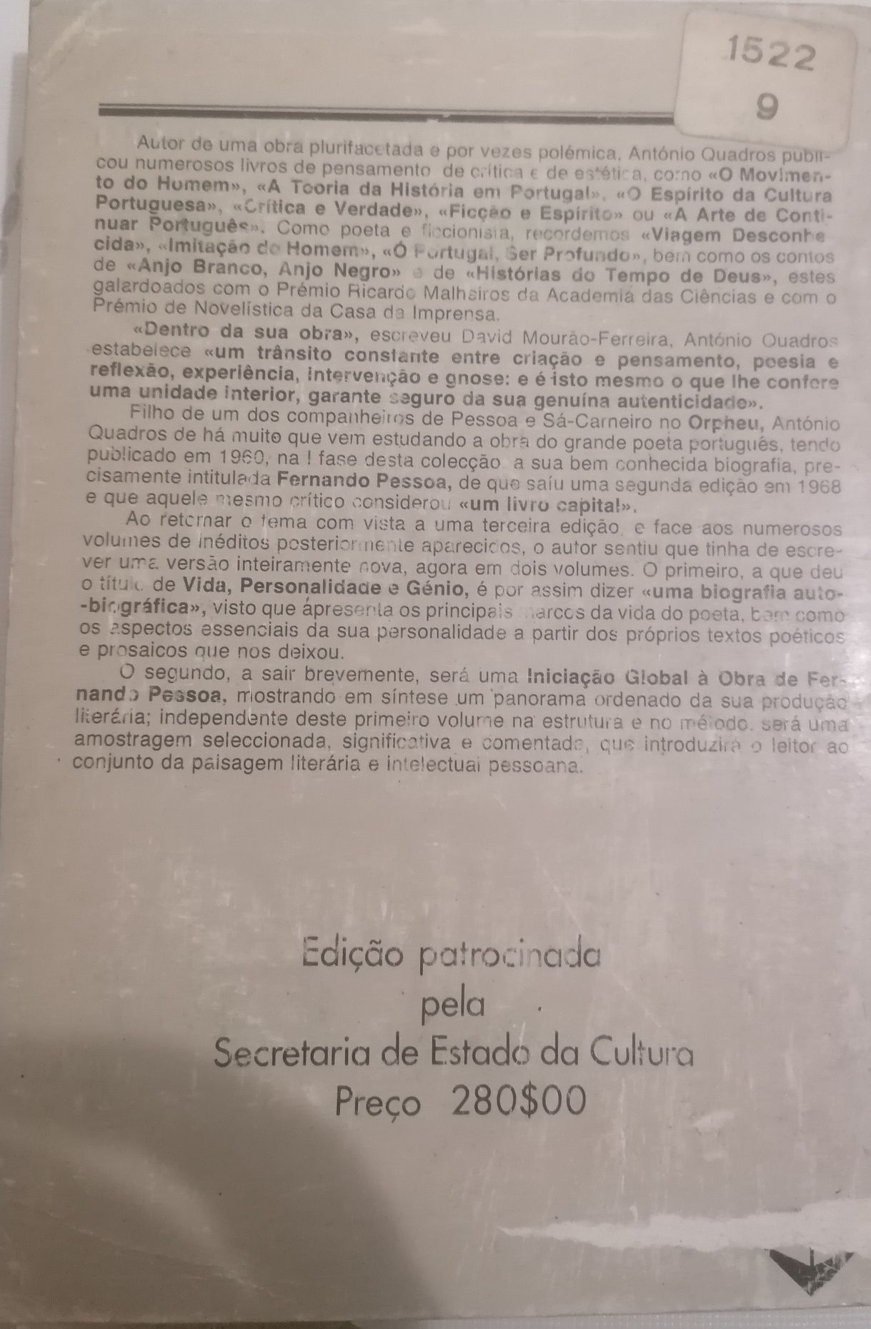 Livro de António Quadros. Fernando Pessoa Vida, personalidade e Génio