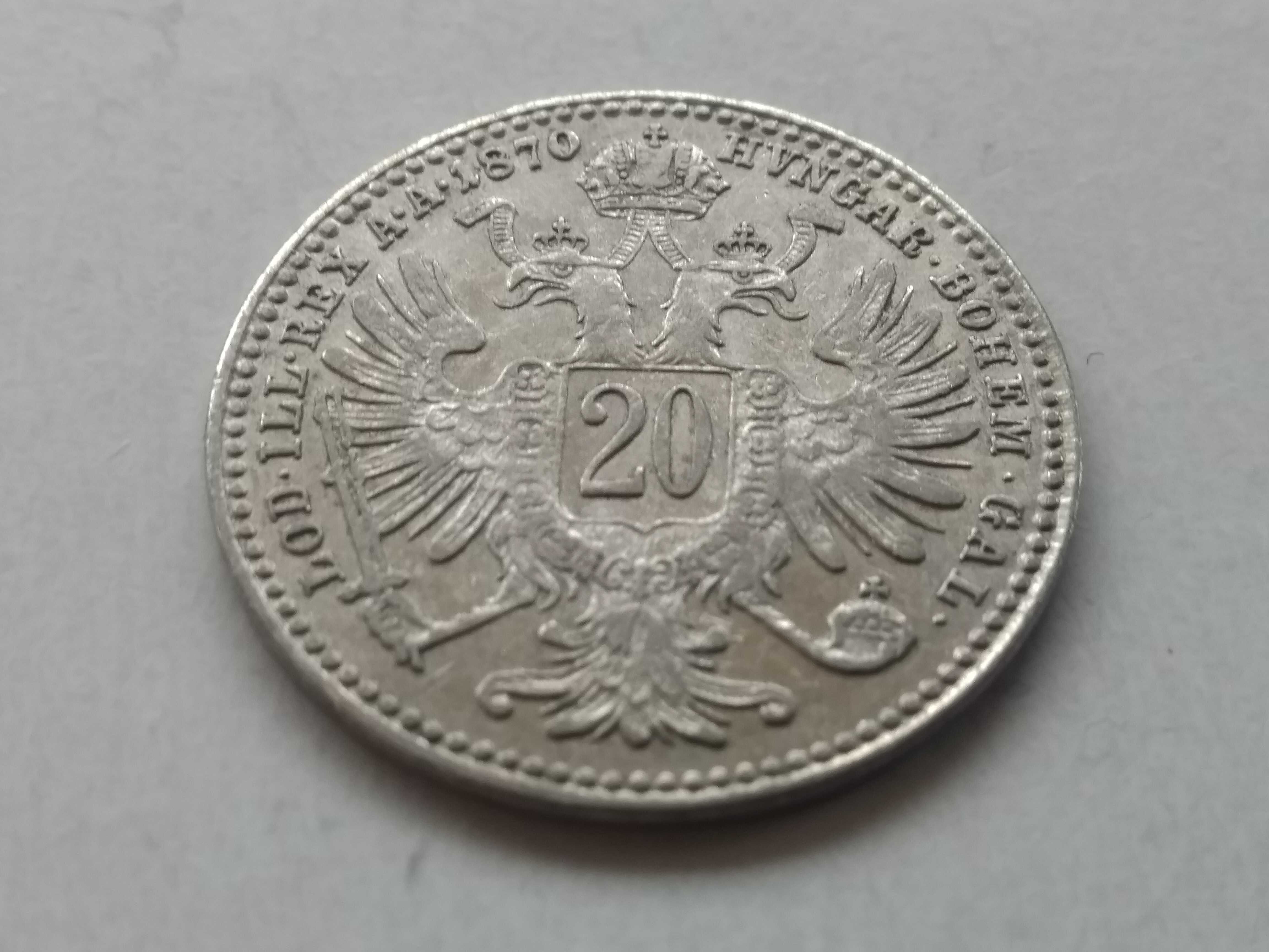 Austro-Węgry, 20 krajcarów 1870. Piękna moneta. stan 3+