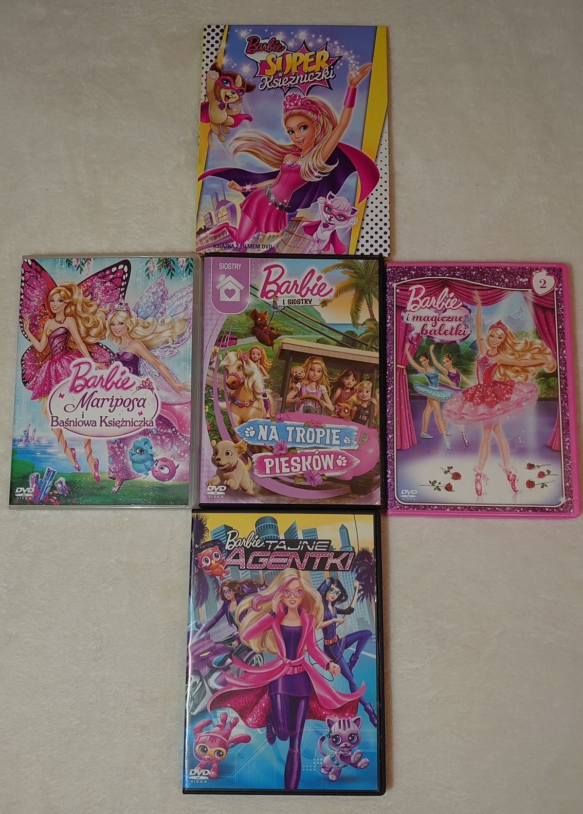 Barbie paka 5 DVD, super Księżniczki, Mariposa, baletki, agentki, pies