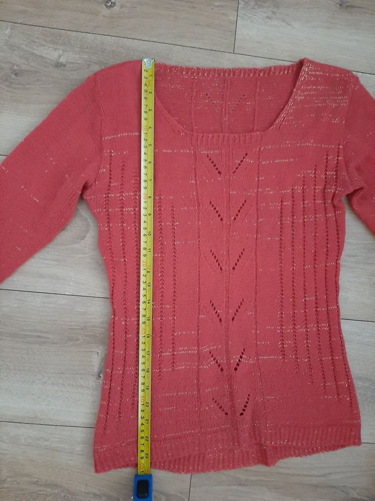 Sweter m l 38 40 ażurowy koralowy złota nitka