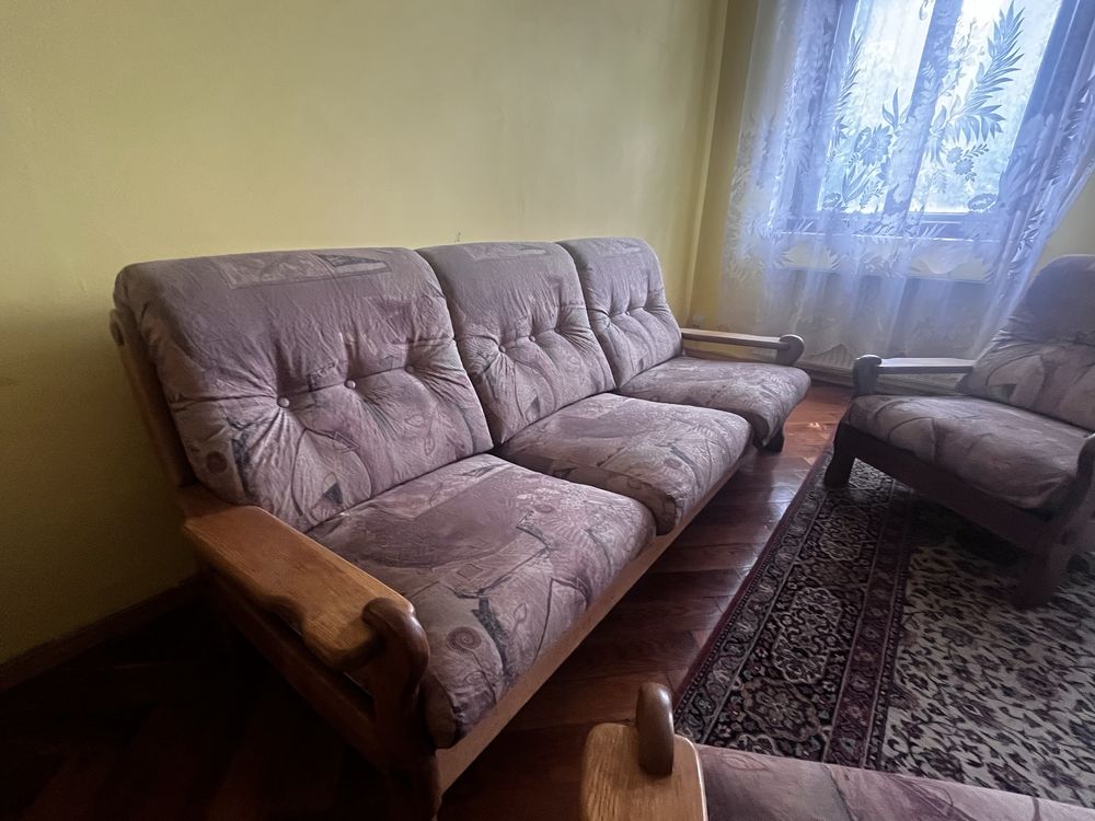 Zestaw wypoczynkowy, sofa, dwa fotele, rustykalny, vintage