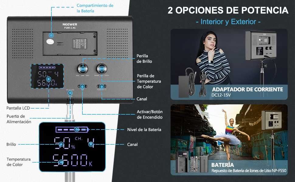 2 iluminadores de 280 leds c/comando, alimentação AC, baterias e tripe