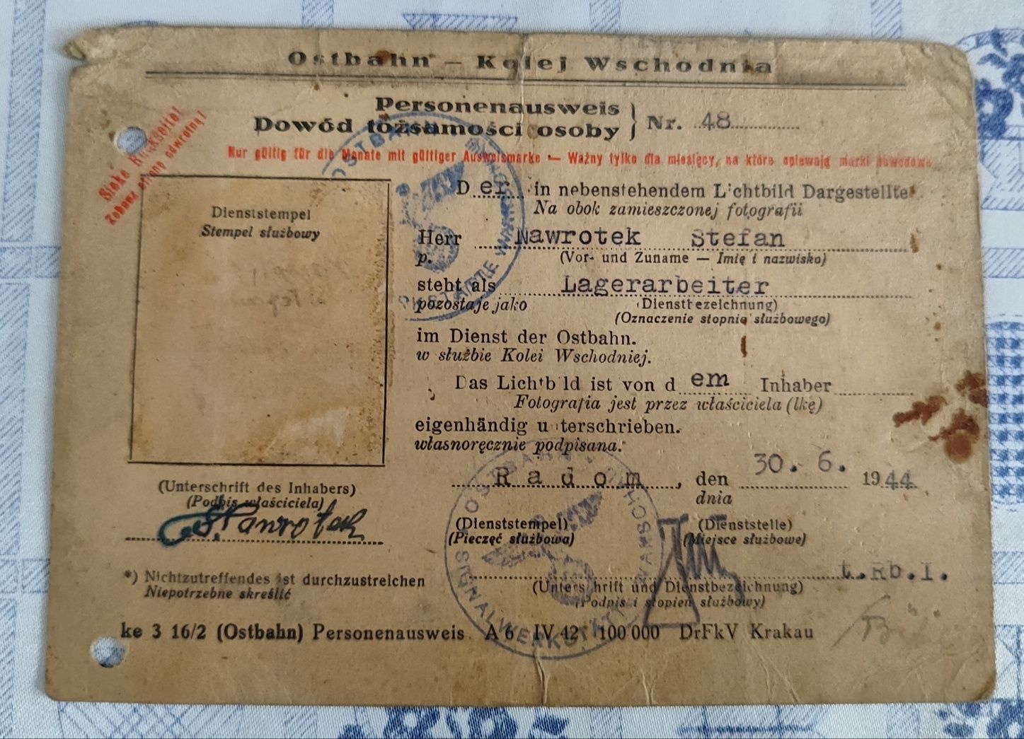 Stary dokument Radom 1944r. Dowód Tożsamości OSTBAHN kolej wschodnia