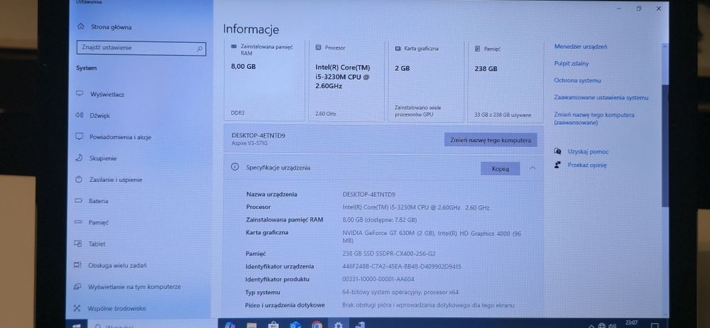 Acer aspire V3-571G 8GB 256 SSD GeForce 2GB BT WiFi 2,4/5Ghz HDMI